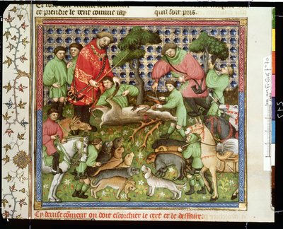 Ms Fr 616 fol.70 Taglio di un cervo morto, dal Livre de la Chasse di Gaston Phebus de Foix da French School